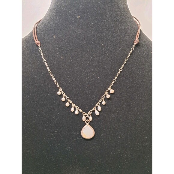 Peyote Bird Teardrop Moonstone Pearls Silver Chain Leather Cord Necklace 19" NWT - Picture 2 of 8